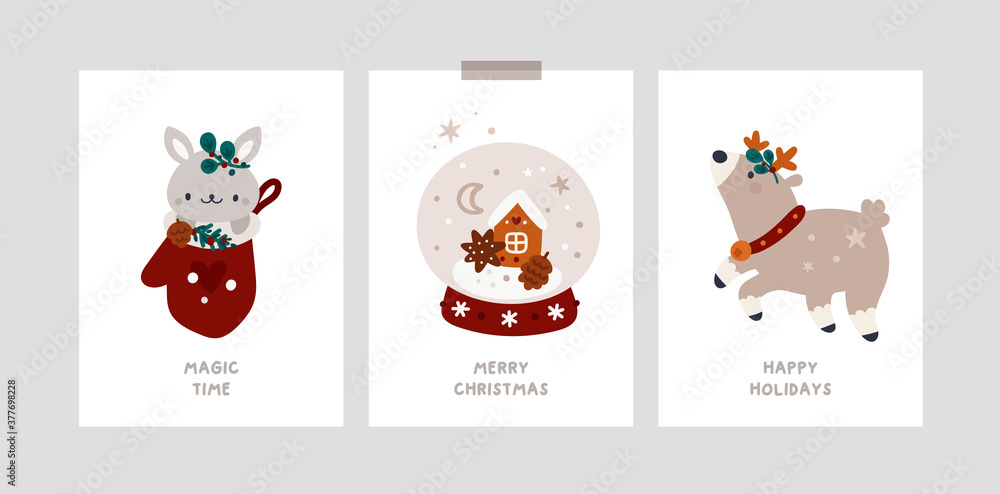 Fototapeta premium Baby Christmas Holiday milestone cards with deer, christmas tree, bunny. Happy new year or Merry Christmas postcards, poster, banner, room decoration. Festive xmas greeting cards vector template