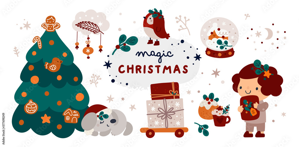 Fototapeta premium Set with festive design elements on a Christmas theme. Baby first Christmas. Holiday collection of gifts, decorations and cozy winter accessories. Ideal for holiday card, postcard, poster, decoration