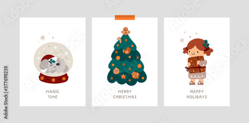 Baby Christmas Holiday milestone cards with girl, christmas tree, magic ball. Festive xmas greeting cards vector template. Happy new year or Merry Christmas postcards, poster, banner, room decoration
