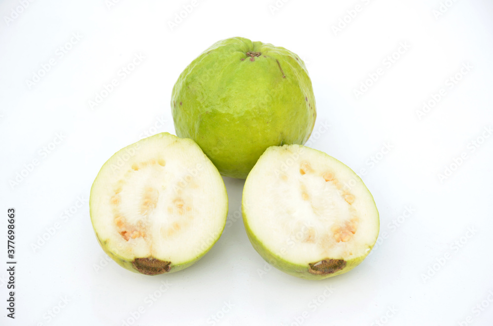 the ripe green white guava fruit isolated on white background.
