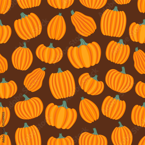 Pumpkins on brown background. Seamless pattern. Cartoon style. Vector illustration.