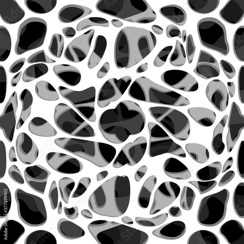 Illustration of a amorphous cells structure black and white layered artwork. Abstract white honeycomb grid structure.