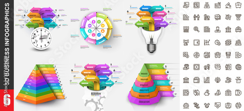Bundle 3d infographics vector design template with set business icons pixel perfect. Can be used for steps, business processes, workflow, diagram, flowchart concept, marketing icons, info graphics.