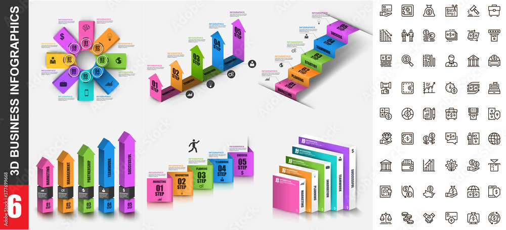 Bundle 3d infographics vector design template with set business icons pixel perfect. Can be used for steps, business processes, workflow, diagram, flowchart concept, marketing icons, info graphics. Bundle 3d infographics vector design template with set business icons pixel perfect. Can be used for steps, business processes, workflow, diagram, flowchart concept, marketing icons, info graphics.