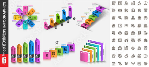 Bundle 3d infographics vector design template with set business icons pixel perfect. Can be used for steps, business processes, workflow, diagram, flowchart concept, marketing icons, info graphics.
