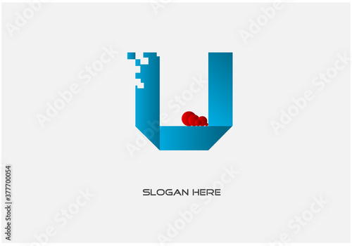 vector illustration of gradient blue color 3d folded creative capital letter U logo design isolated on white background