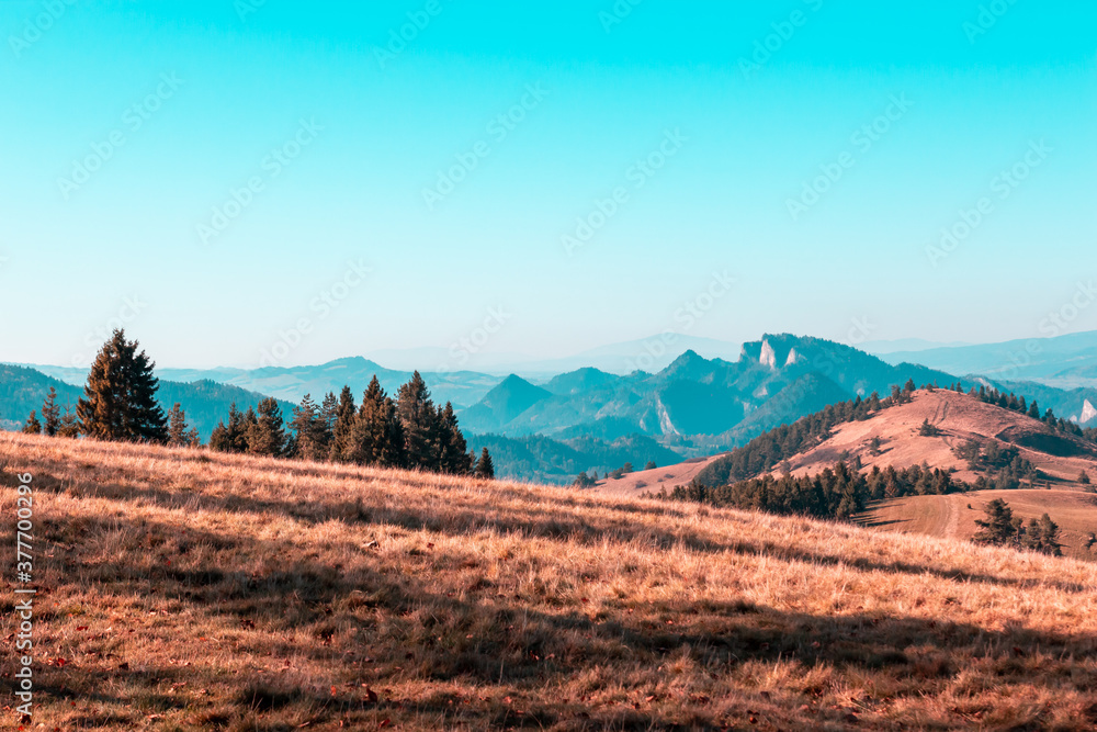 Beautiful panorama of autumn mountains in orange-red and turquoise colors
