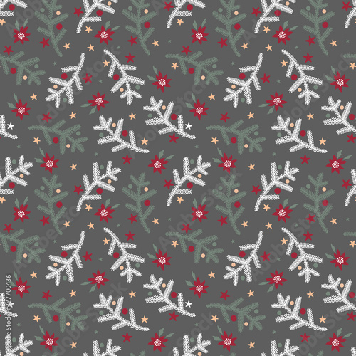 seamless christmas pattern with white fir branches and festive elements on dark background