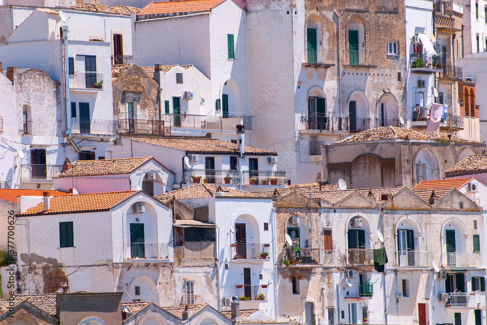Pisticci and its white buildings from Rione Dirupo, Matera, Basilicata, Italy, Europe.
