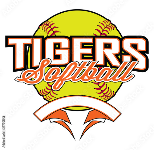 Tigers Softball Design With Banner and Ball is a team design template that includes a softball graphic, overlaying text and a blank banner with space for your own information. Great for advertising.