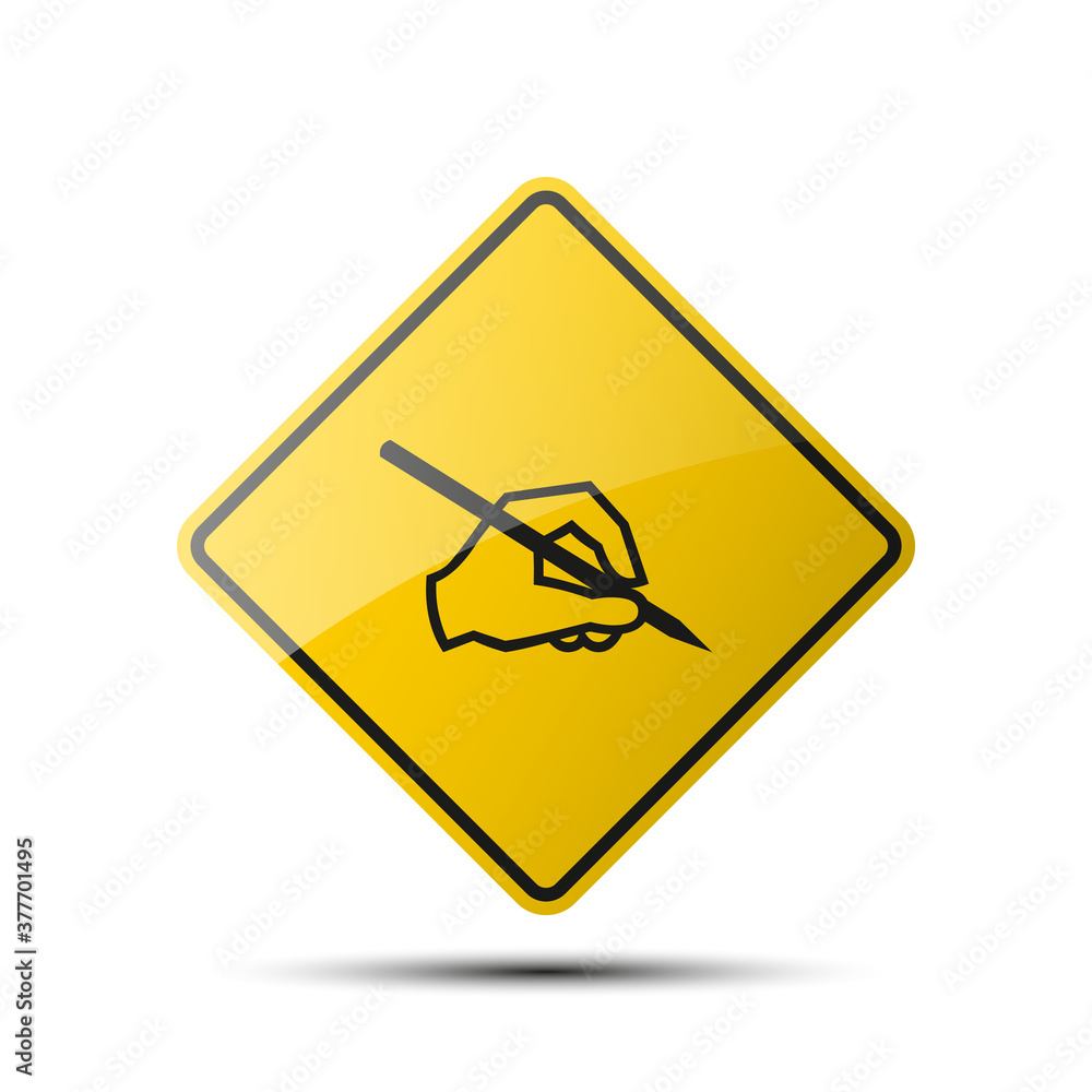yellow diamond road sign with a black border and an image hand on white background. Illustration yellow diamond road sign with a black border and an image hand on white background. Illustration