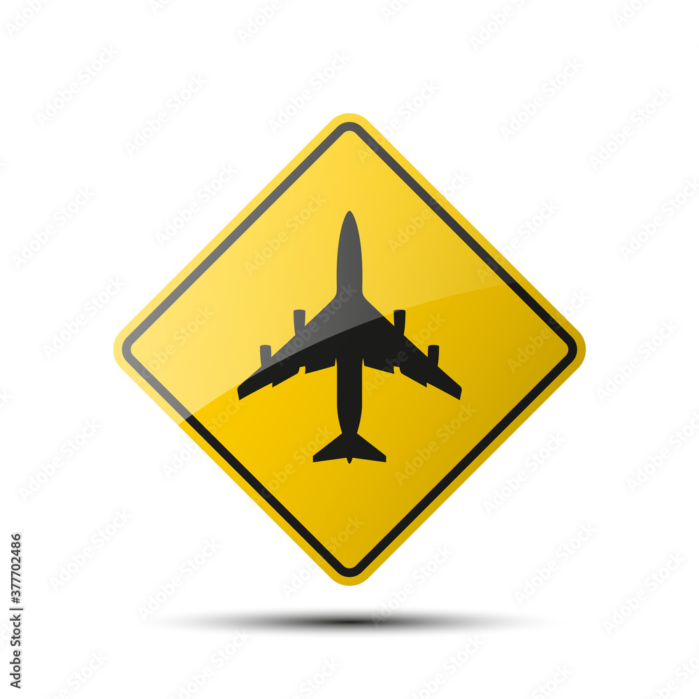 yellow diamond road sign with a black border and an image aircraft on white background. Illustration yellow diamond road sign with a black border and an image aircraft on white background. Illustration