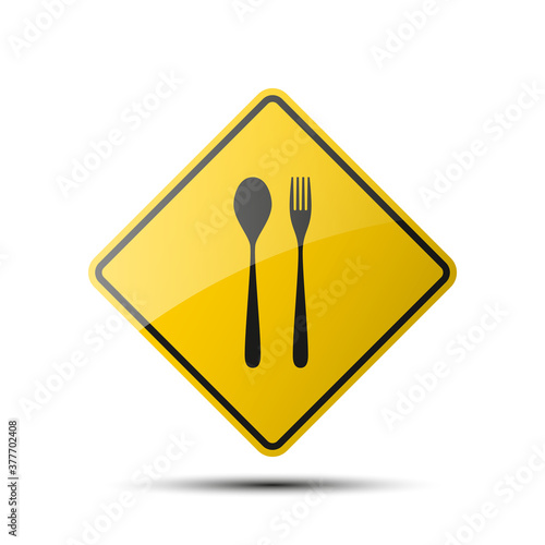 yellow diamond road sign with a black border and an image fork with spoon on white background. Illustration