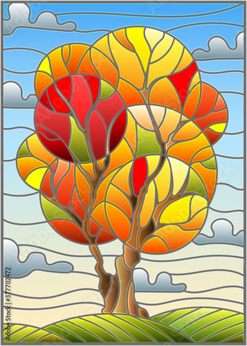 Illustration in stained glass style with autumn tree on sky background with clouds