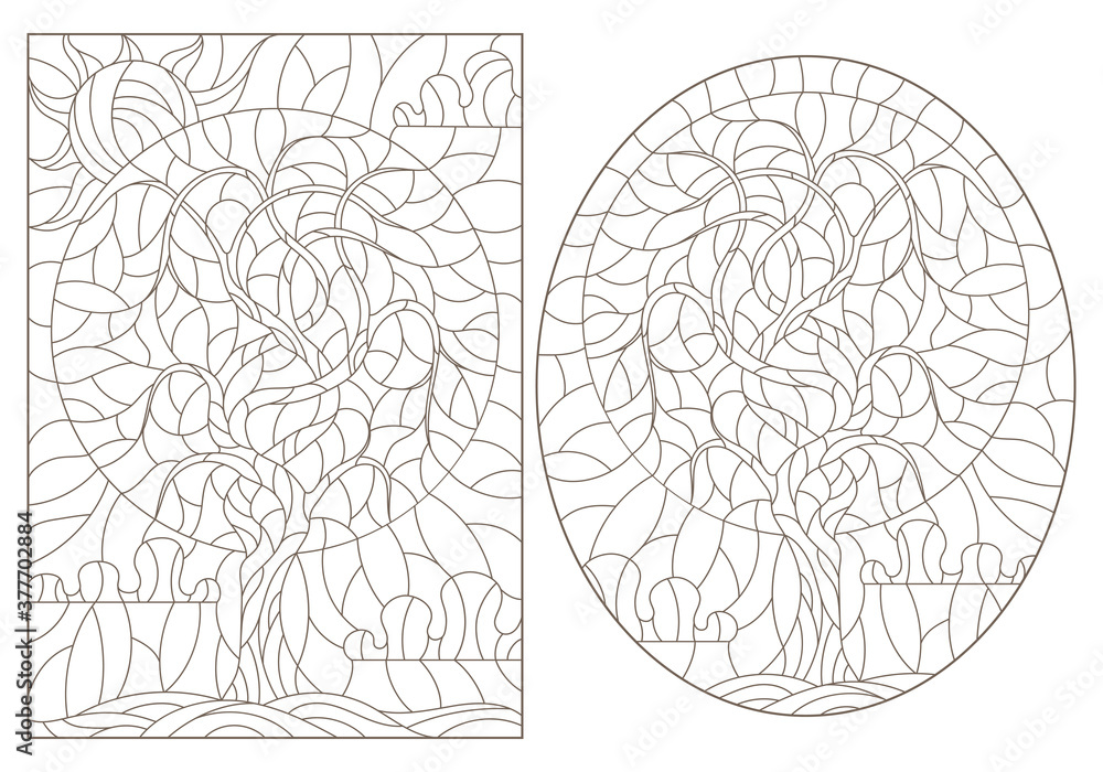 Set contour illustrations of stained glass with the image of the trees,dark outlines on a white background