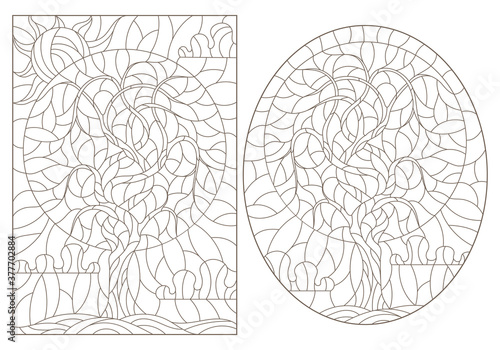Set contour illustrations of stained glass with the image of the trees,dark outlines on a white background