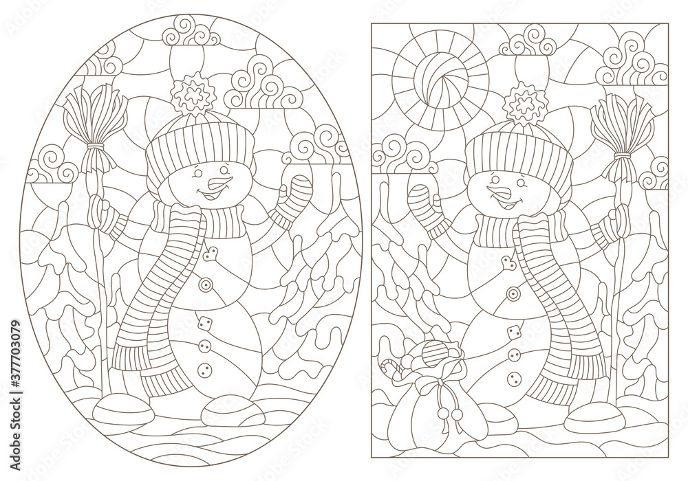 Set of contour illustrations of stained glass Windows on the theme of winter holidays with snowmans, dark outlines on a white background