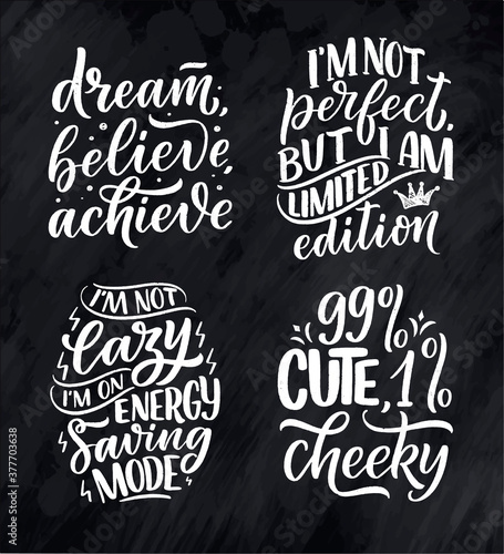 Set with funny hand drawn lettering compositions. Cool phrases for print and poster design. Inspirational feminism slogans. Girl power quotes. Greeting card template. Vector
