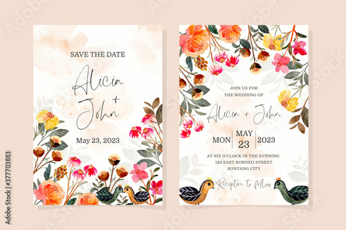 Wedding invitation card with watercolor floral and bird