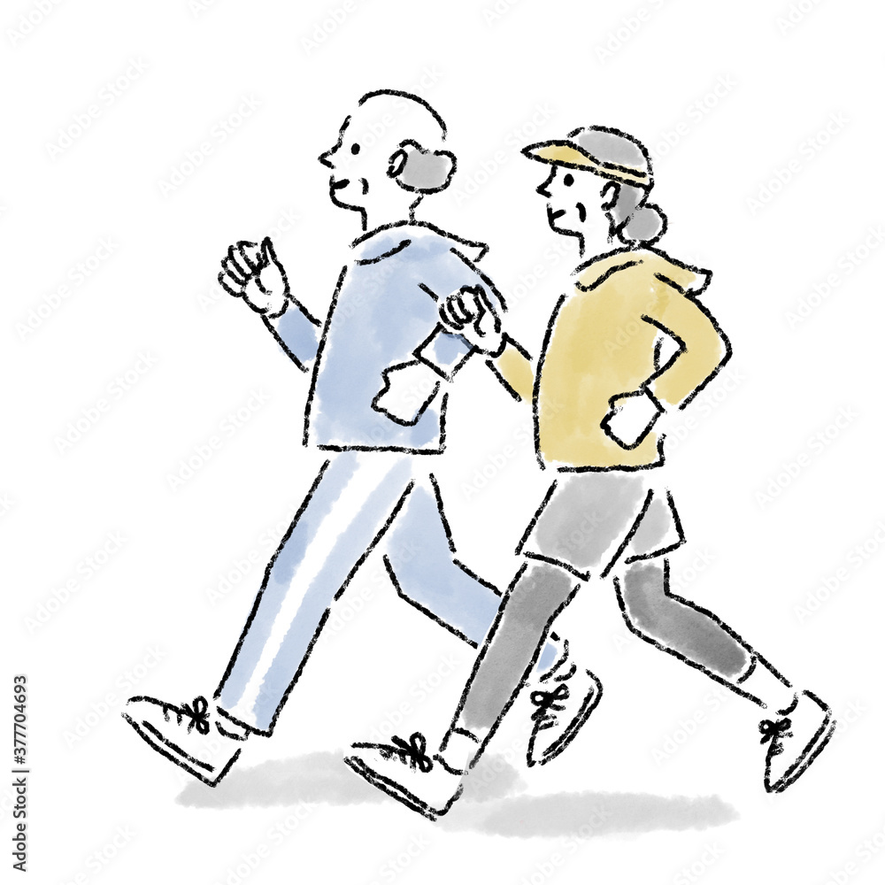 ランニング　夫婦　シニア　水彩　手描き

