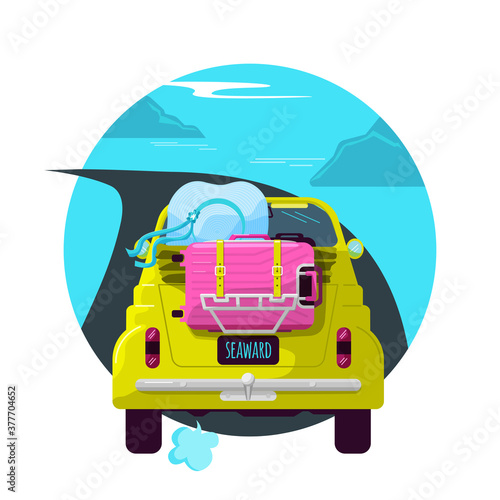 Travel by car. The girl goes to the sea in a retro car with an open top. A  travel suitcase is strapped to the trunk of the car.  Vector image in the style of the cartoon.