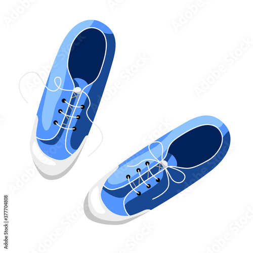 Women's blue sneakers with laces. Comfortable shoes for sports and Hiking. Vector image in the cartoon style, isolated on a white background.