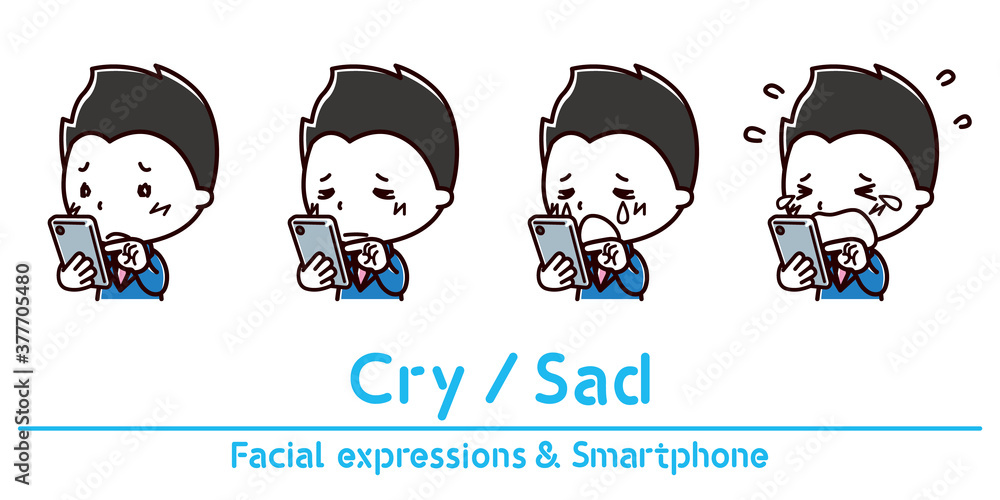 スマホを持った男性の表情のイラスト/泣く/悲しい スマホを持った男性の表情のイラスト/泣く/悲しい