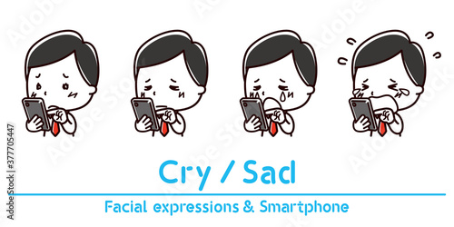 スマホを持った男性の表情のイラスト/泣く/悲しい
