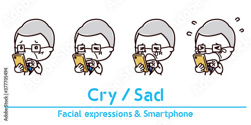 スマホを持った男性の表情のイラスト/泣く/悲しい