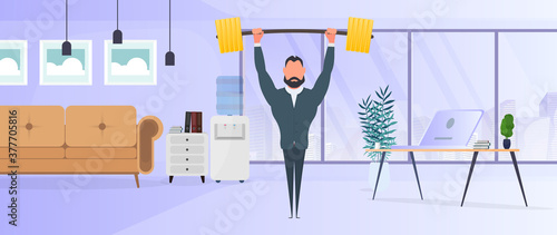 Businessman raises the barbell with gold coins. A man in a suit with a barbell. The concept of a successful business and revenue growth.  Vector.