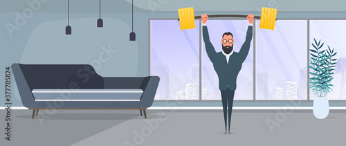 Businessman raises the barbell with gold coins. A man in a suit with a barbell. The concept of a successful business and revenue growth.  Vector.