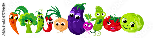 Funny vegetables with cute faces. Horizontal border. Illustration done in cartoon style.