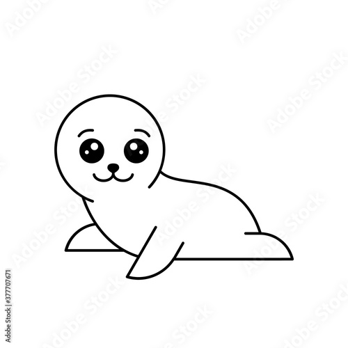 Cute white baby seal in kawaii style. Little smiling harp seal. Wildlife animals drawing. Funny seal with outline. Cartoon character animal on white background. Vector illustration, flat, clip art. 