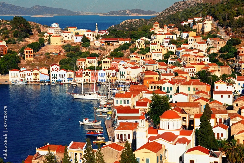 Kastellorizo, one of Dodecanese islands in southeastern Greece, view of the main town.