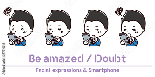スマホを持った男性の表情のイラスト/疑う/呆れる
