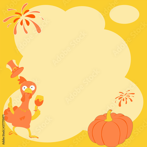 Vector illustration design of Happy Thanksgiving Day with Text and a Turkey standing near pumpkin silhouette with yellow background. Thanksgiving greeting card, poster or flyer for holiday