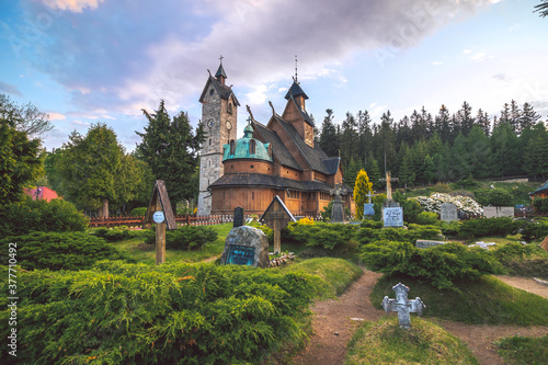 Main attraction of Karpacz city in Poland - Norewegian wooden church Wang