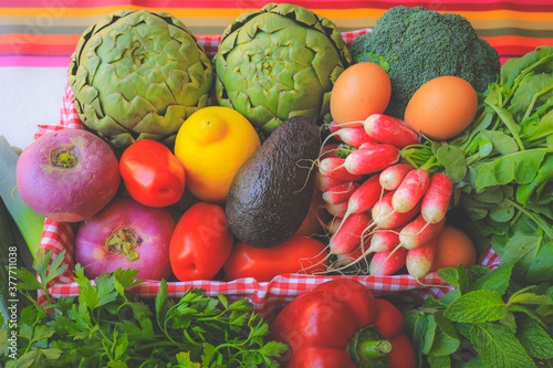 Fresh organic vegetables in basket   eco friendly shop.