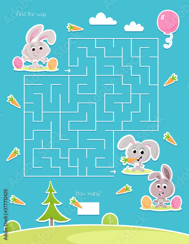 Easter bunny and his friends - Lovely maze suitable for preschool and school children - Find the way and count all carrots in the picture