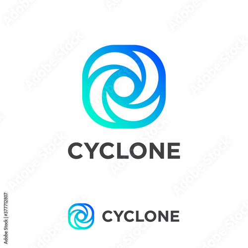 Cyclone logo. Simple icon with blue gradient. Dynamic elements as vortex. Logo can be used for production, detergents, business, web icon, ui, service of weather.