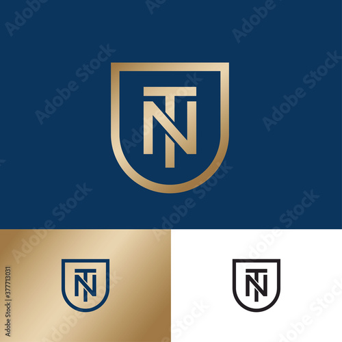 N and T monogram. N,T letters as a gold shield on different backgrounds. Premium emblem. Inverted version.