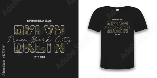 Brooklyn slogan t-shirt design with knitted camouflage texture on t shirt mockup. Typography graphics for New York tee shirt in military and army style with knit camo. Vector illustration.