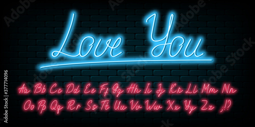 Glowing neon handwritten script font. English neon alphabet with uppercase and lowercase bright letters. Lettering style font. Vector illustration.
