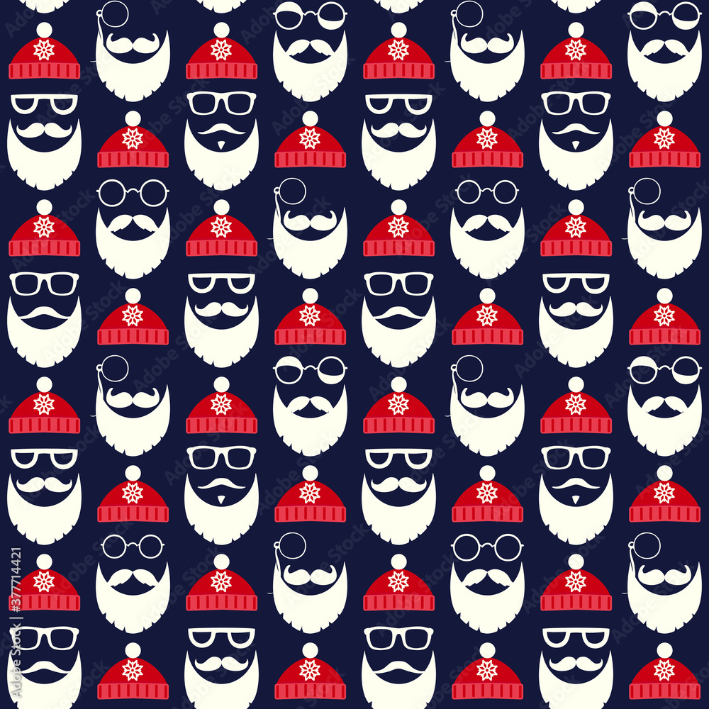 Seamless pattern of faces with Santa hats, mustache and beards. Various doodles Christmas Santa design elements. Holiday icons