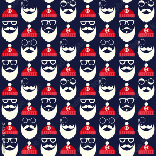 Seamless pattern of faces with Santa hats  mustache and beards. Various doodles Christmas Santa design elements. Holiday icons