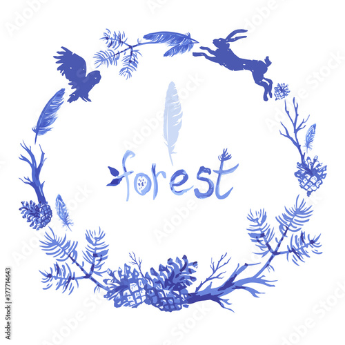 Fototapeta Naklejka Na Ścianę i Meble -  Print Design. Hand drawn forest elements with pine cones, branches, feathers isolated on white background.