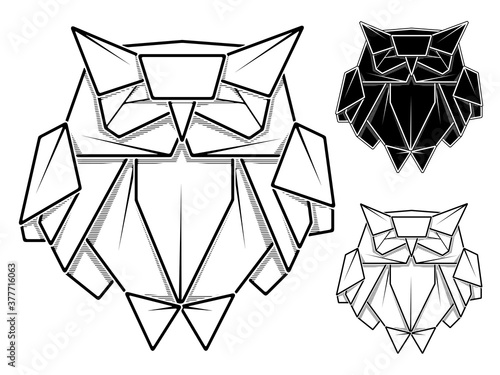 Vector monochrome image of paper origami of owl (contour drawing by line).