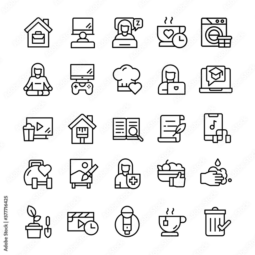 Set of Stay at home icons with line art style. Set of Stay at home icons with line art style.