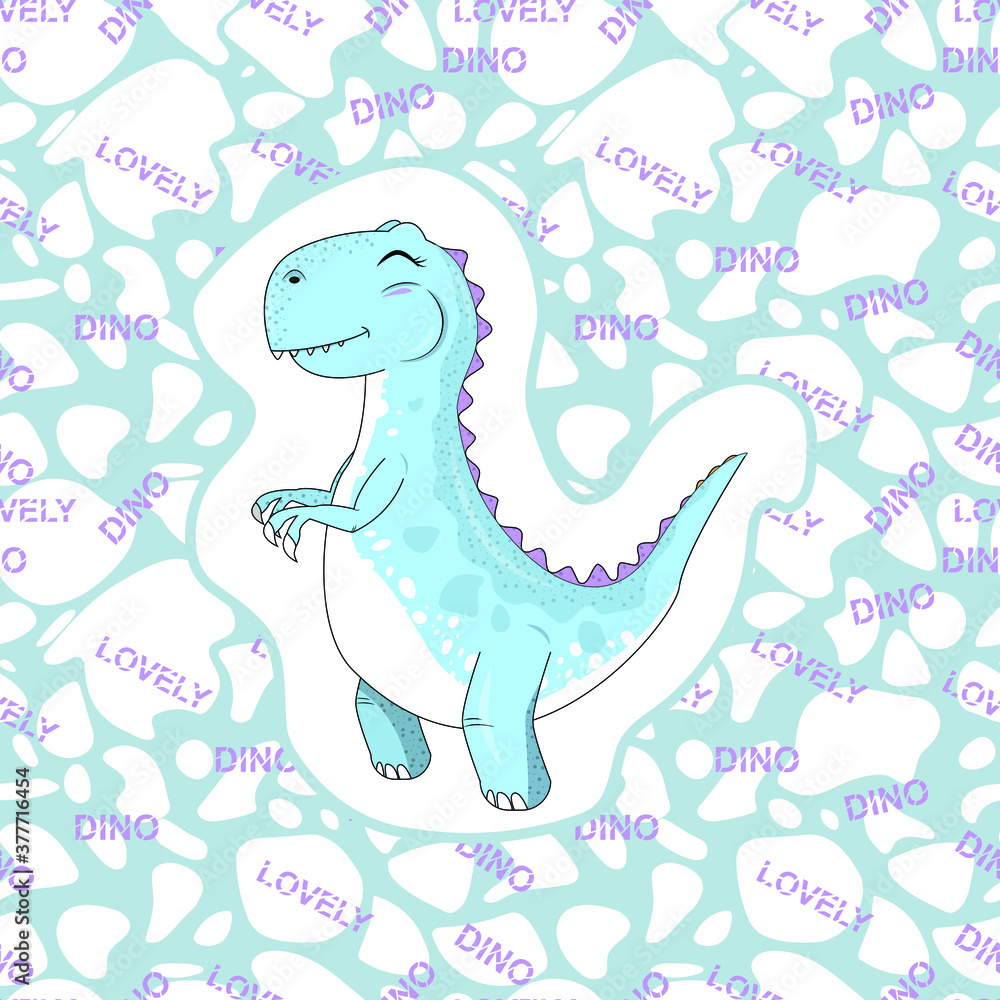 Cute tyrannosaurus in vector blue dinosaur with background pattern 