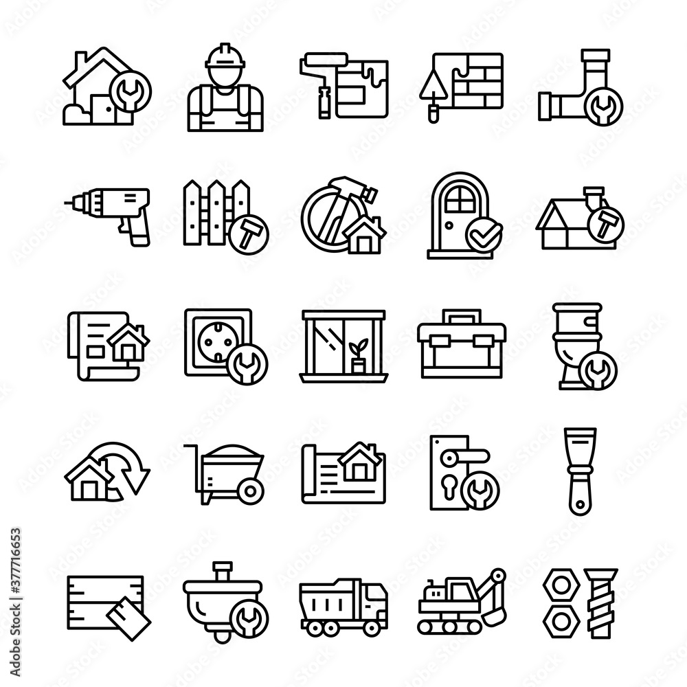 Set of Home Renovation icons with line art style. Set of Home Renovation icons with line art style.